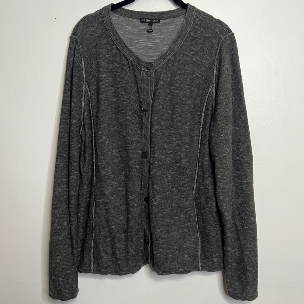 Eileen Fisher XL Grey Cardigan Sweater Organic Linen/Cotton Blend